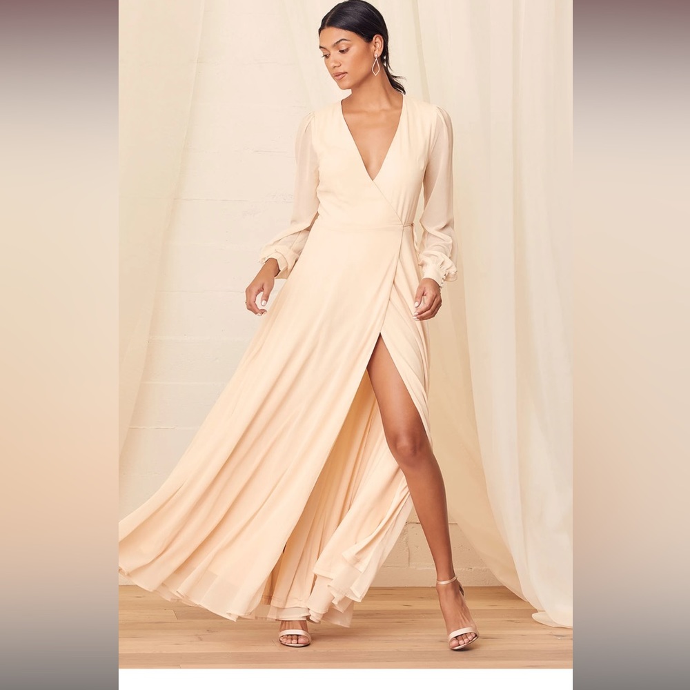 Lulus My Whole Heart Cream Long Sleeve Wrap Maxi Dress